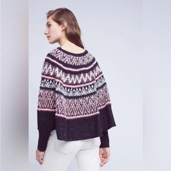 Anthropologie Sleeping On Snow Midland Fair Isle Sweater Poncho Blue XS/S Wool - Picture 3 of 14